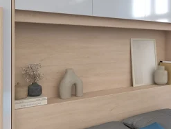 Lit pont 160 x 200 cm avec rangements - avec LEDs - Coloris : Naturel et blanc brillant + Sommier - VELONA