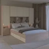 Lit pont 160 x 200 cm avec rangements - Avec LEDs - Coloris : Beige et naturel + Sommier + Matelas - DOMELITO