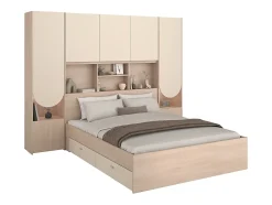 Lit pont 160 x 200 cm avec rangements - Avec LEDs - Coloris : Beige et naturel + Sommier + Matelas - DOMELITO