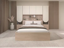 Lit pont 160 x 200 cm avec rangements - Avec LEDs - Coloris : Beige et naturel + Sommier + Matelas - DOMELITO