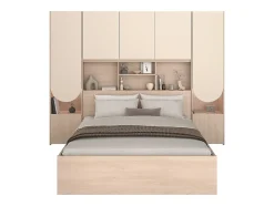 Lit pont 160 x 200 cm avec rangements - Avec LEDs - Coloris : Beige et naturel + Sommier + Matelas - DOMELITO
