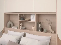 Lit pont 160 x 200 cm avec rangements - Avec LEDs - Coloris : Beige et naturel - DOMELITO