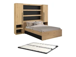 Lit pont 160 x 200 cm avec rangements - Avec LEDs - Coloris : Naturel et noir + Sommier - VARLY