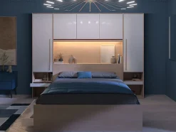 Lit pont 160 x 200 cm avec rangements - avec LEDs - Coloris : Naturel et blanc brillant + Sommier + Matelas - VELONA