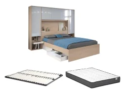 Lit pont 140 x 190 cm avec rangements - avec LEDs - Coloris : Naturel et blanc brillant + Sommier + Matelas - VELONA