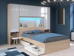 Lit pont 140 x 190 cm avec rangements - avec LEDs - Coloris : Naturel et blanc brillant + Sommier + Matelas - VELONA