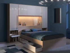Lit pont 140 x 190 cm avec rangements - avec LEDs - Coloris : Naturel et blanc brillant + Sommier + Matelas - VELONA