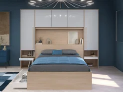 Lit pont 140 x 190 cm avec rangements - avec LEDs - Coloris : Naturel et blanc brillant + Sommier + Matelas - VELONA