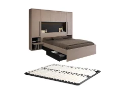 Lit pont 160 x 200 cm avec rangements - Avec LEDs - Coloris : Naturel et noir + Sommier - VELONA