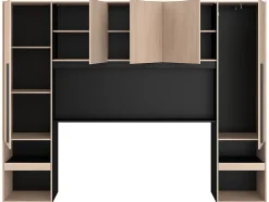 Lit pont 160 x 200 cm avec rangements - Avec LEDs - Coloris : Naturel et noir + Sommier - VELONA