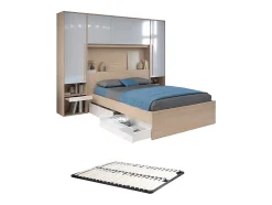 Lit pont 140 x 190 cm avec rangements - avec LEDs - Coloris : Naturel et blanc brillant + Sommier - VELONA