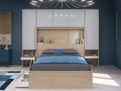Lit pont 140 x 190 cm avec rangements - avec LEDs - Coloris : Naturel et blanc brillant + Sommier - VELONA