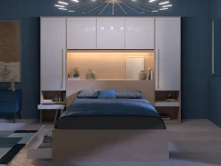 Lit pont 140 x 190 cm avec rangements - avec LEDs - Coloris : Naturel et blanc brillant + Sommier - VELONA