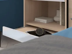 Lit pont 140 x 190 cm avec rangements - avec LEDs - Coloris : Naturel et blanc brillant + Sommier - VELONA