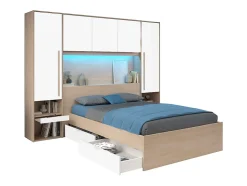 Lit pont 140 x 190 cm avec rangements - avec LEDs - Coloris : Naturel et blanc brillant + Sommier - VELONA