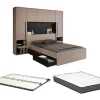 Lit pont 140 x 190 cm avec rangements - Avec LEDs - Coloris : Naturel et noir + Sommier + Matelas - VELONA