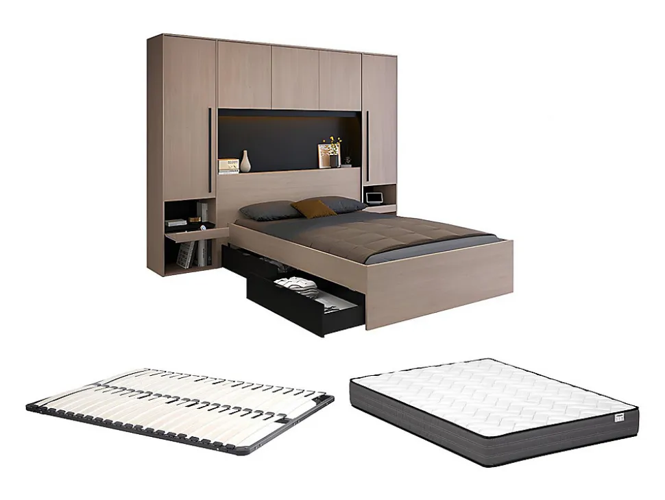 Lit pont 140 x 190 cm avec rangements - Avec LEDs - Coloris : Naturel et noir + Sommier + Matelas - VELONA