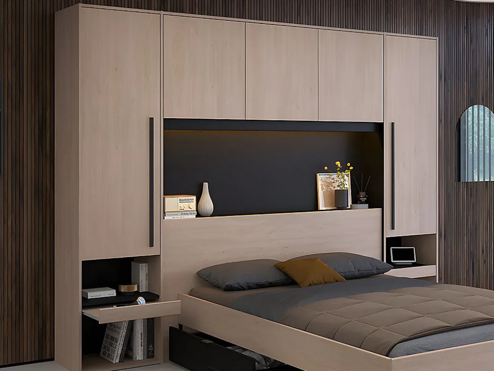 Lit pont 140 x 190 cm avec rangements - Avec LEDs - Coloris : Naturel et noir + Sommier + Matelas - VELONA