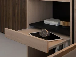 Lit pont 140 x 190 cm avec rangements - Avec LEDs - Coloris : Naturel et noir + Sommier + Matelas - VELONA