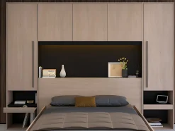 Lit pont 140 x 190 cm avec rangements - Avec LEDs - Coloris : Naturel et noir + Sommier + Matelas - VELONA