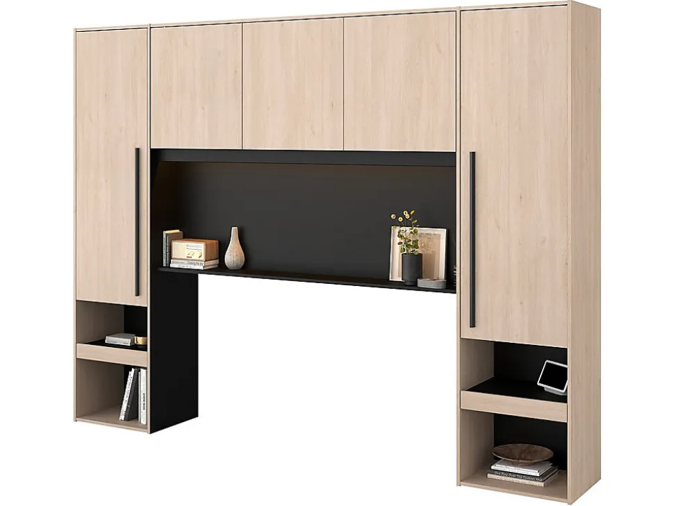 Lit pont 140 x 190 cm avec rangements - Avec LEDs - Coloris : Naturel et noir + Sommier + Matelas - VELONA