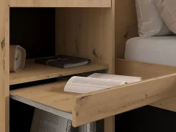 Lit pont 140 x 190/200 cm avec rangements - Avec LEDs - Coloris : Naturel et noir + Sommier + Matelas - VARLY