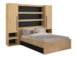 Lit pont 160 x 200 cm avec rangements - Avec LEDs - Coloris : Naturel et noir - VARLY