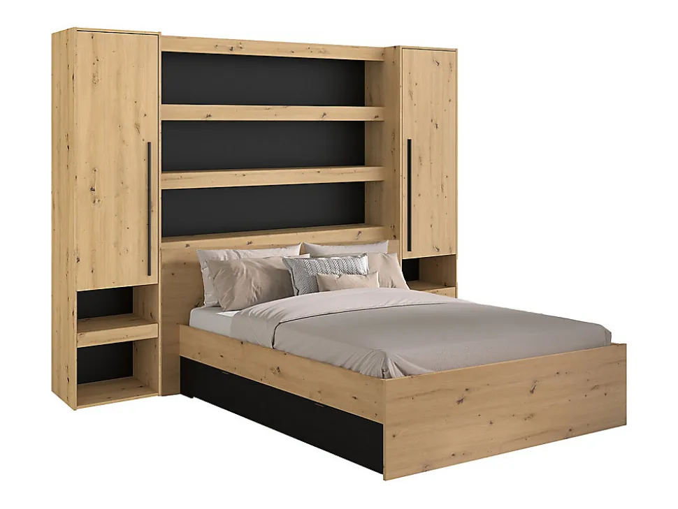 Lit pont 160 x 200 cm avec rangements - Avec LEDs - Coloris : Naturel et noir - VARLY