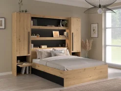 Lit pont 160 x 200 cm avec rangements - Avec LEDs - Coloris : Naturel et noir - VARLY