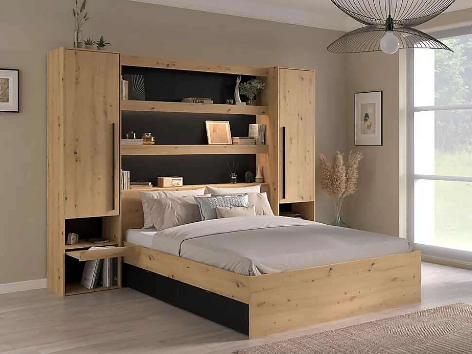Lit pont 160 x 200 cm avec rangements - Avec LEDs - Coloris : Naturel et noir - VARLY