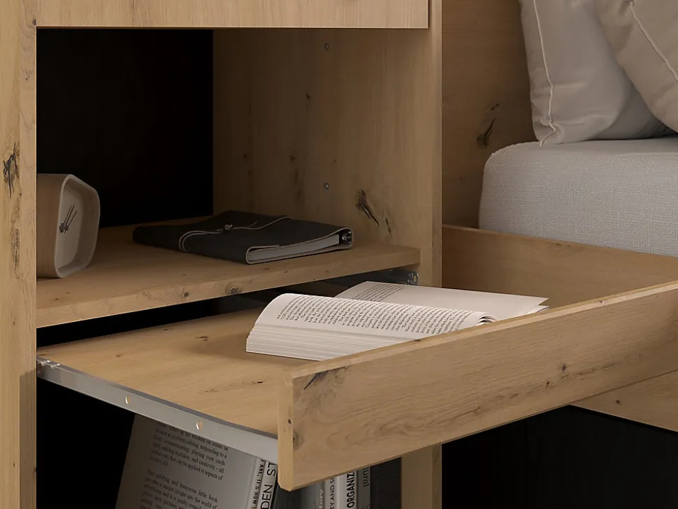 Lit pont 160 x 200 cm avec rangements - Avec LEDs - Coloris : Naturel et noir - VARLY