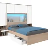 Lit pont 160 x 200 cm avec rangements - avec LEDs - Coloris : Naturel et blanc brillant - VELONA