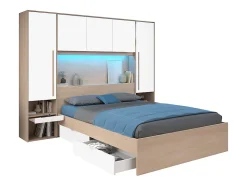 Lit pont 160 x 200 cm avec rangements - avec LEDs - Coloris : Naturel et blanc brillant - VELONA