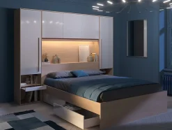 Lit pont 160 x 200 cm avec rangements - avec LEDs - Coloris : Naturel et blanc brillant - VELONA