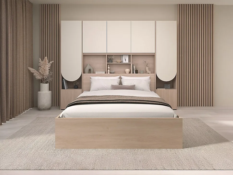 Lit pont 140 x 190 cm avec rangements - Avec LEDs - Coloris : Beige et naturel + Sommier - DOMELITO