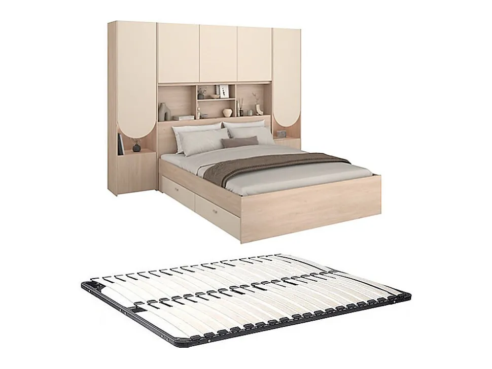 Lit pont 140 x 190 cm avec rangements - Avec LEDs - Coloris : Beige et naturel + Sommier - DOMELITO
