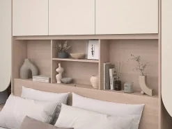 Lit pont 140 x 190 cm avec rangements - Avec LEDs - Coloris : Beige et naturel + Sommier - DOMELITO