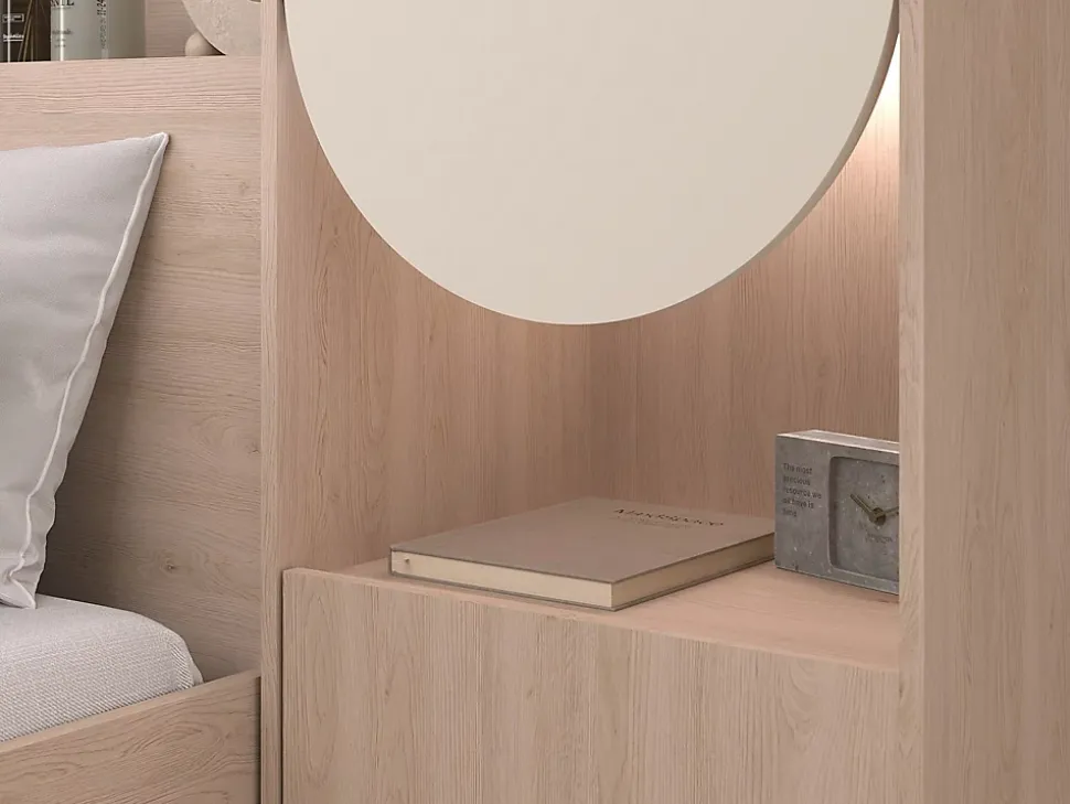 Lit pont 140 x 190 cm avec rangements - Avec LEDs - Coloris : Beige et naturel + Sommier - DOMELITO