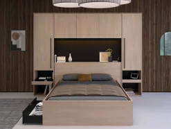 Lit pont 140 x 190 cm avec rangements - Avec LEDs - Coloris : Naturel et noir - VELONA