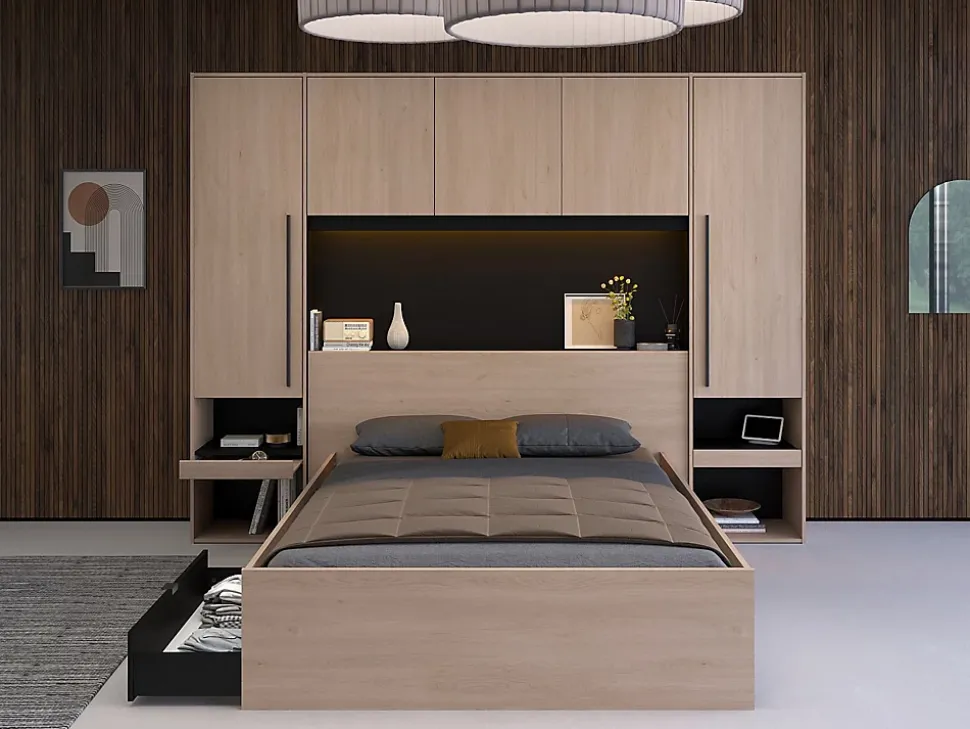 Lit pont 140 x 190 cm avec rangements - Avec LEDs - Coloris : Naturel et noir - VELONA