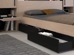 Lit pont 140 x 190 cm avec rangements - Avec LEDs - Coloris : Naturel et noir - VELONA