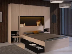 Lit pont 140 x 190 cm avec rangements - Avec LEDs - Coloris : Naturel et noir - VELONA