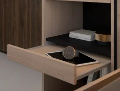 Lit pont 140 x 190 cm avec rangements - Avec LEDs - Coloris : Naturel et noir - VELONA