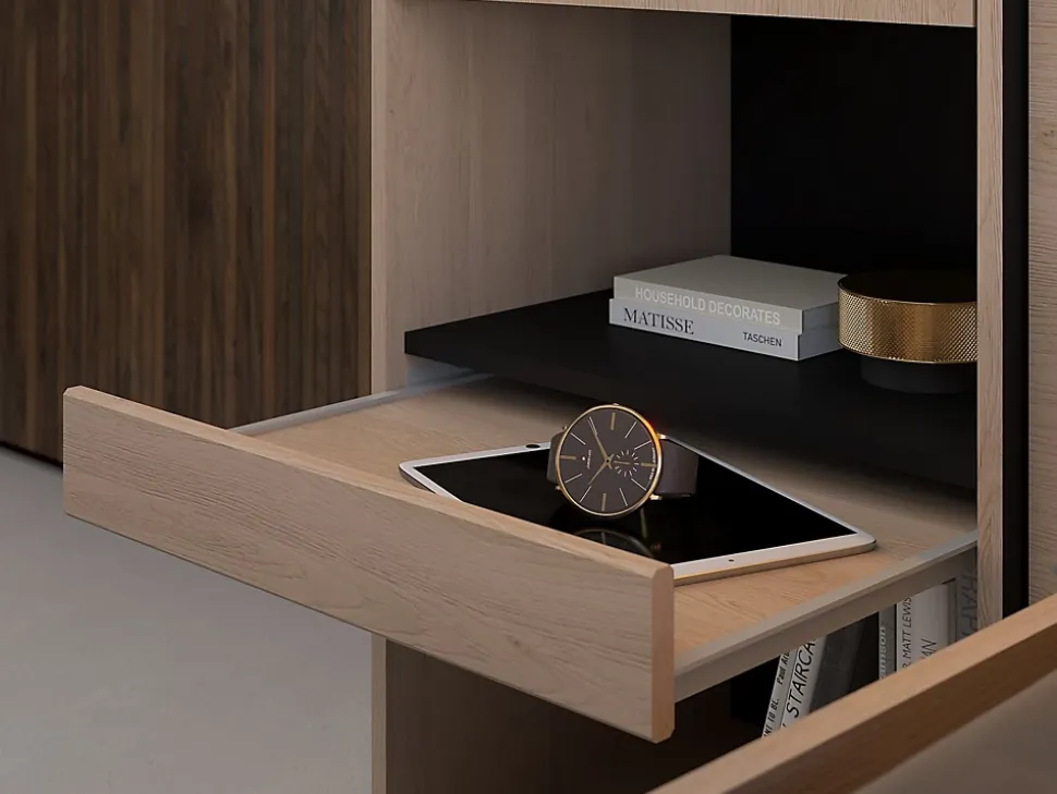 Lit pont 140 x 190 cm avec rangements - Avec LEDs - Coloris : Naturel et noir - VELONA