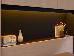 Lit pont 140 x 190 cm avec rangements - Avec LEDs - Coloris : Naturel et noir - VELONA