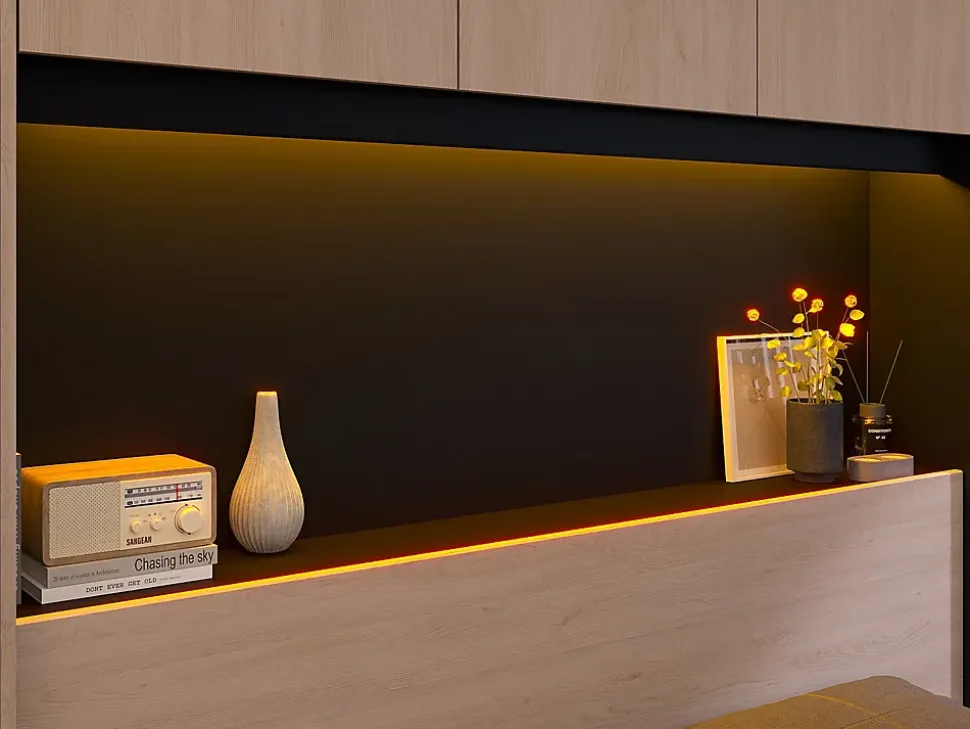Lit pont 140 x 190 cm avec rangements - Avec LEDs - Coloris : Naturel et noir - VELONA