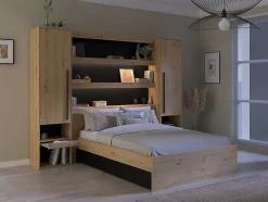 Lit pont 140 x 190/200 cm avec rangements - Avec LEDs - Coloris : Naturel et noir + Sommier - VARLY