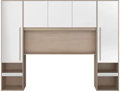 Lit pont 140 x 190 cm avec rangements - Avec LEDs - Coloris : Naturel et blanc brillant - VELONA