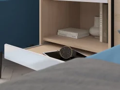 Lit pont 140 x 190 cm avec rangements - Avec LEDs - Coloris : Naturel et blanc brillant - VELONA