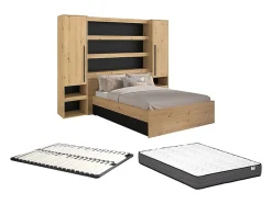 Lit pont 160 x 200 cm avec rangements - Avec LEDs - Coloris : Naturel et noir + Sommier + Matelas - VARLY
